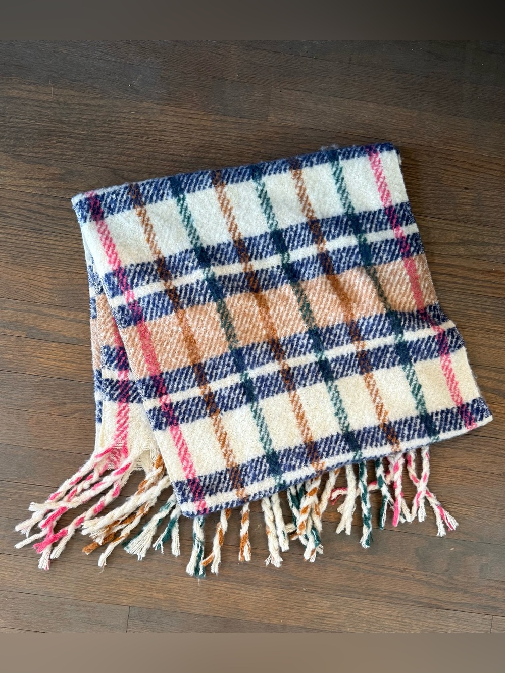 Cozy Plaid Fringe Throw Blanket - Cream with Navy & Pink Accents